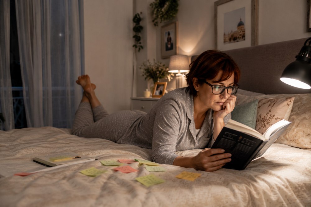 Una mujer leyendo un libro tumbada en la cama de su habitación