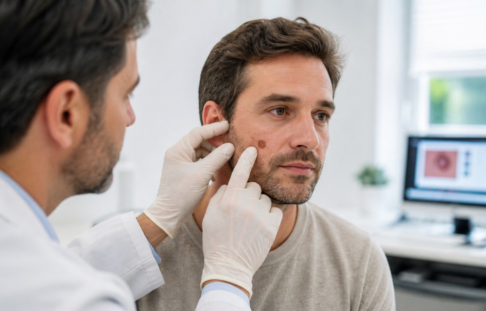 Un dermatólogo revisando un lunar en la cara de un paciente
