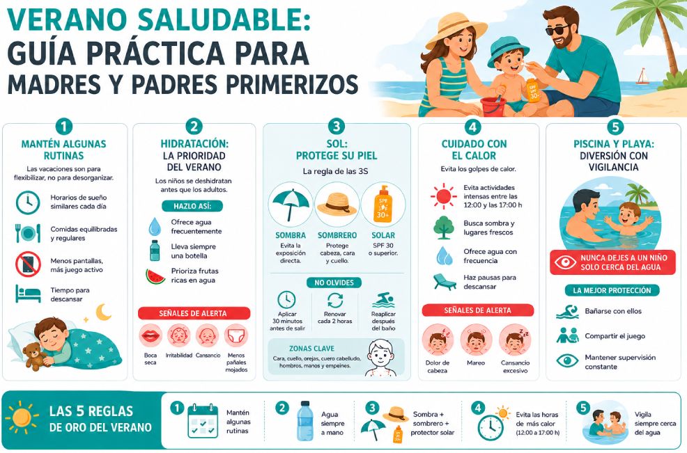 Infografía con medidas prácticas para unas vacaciones saludables con niños