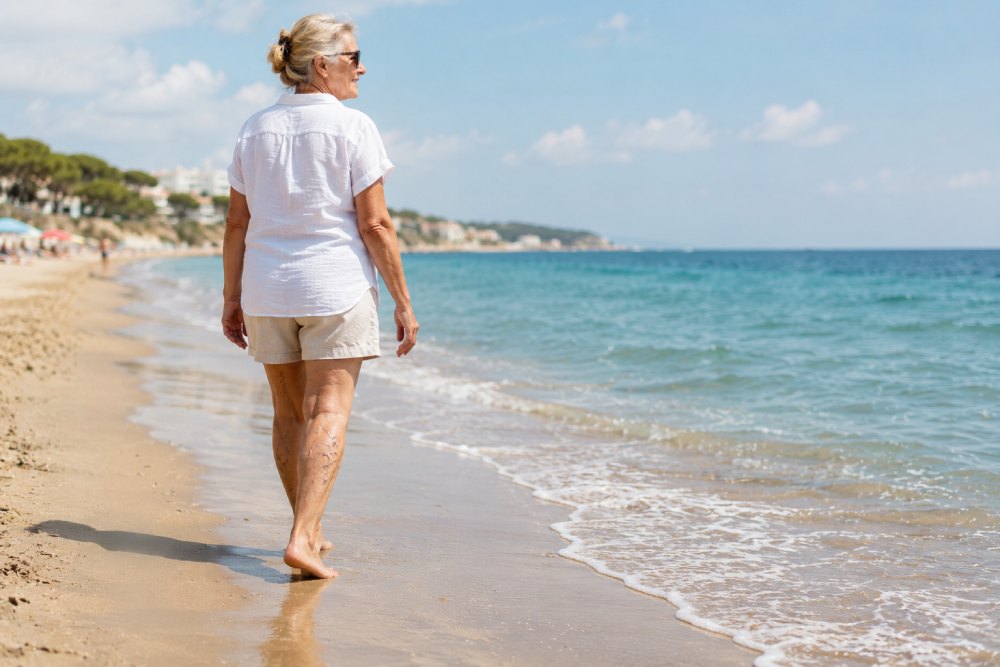 Una mujer con varices en las piernas pasea por la orilla del mar