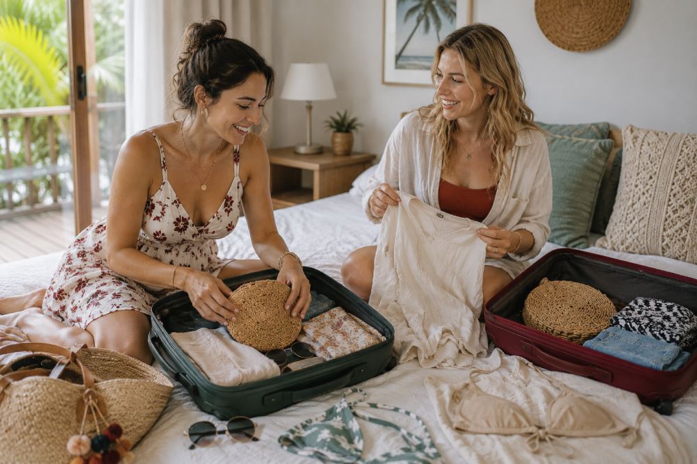 Dos amigas preparando las maletas para viajar